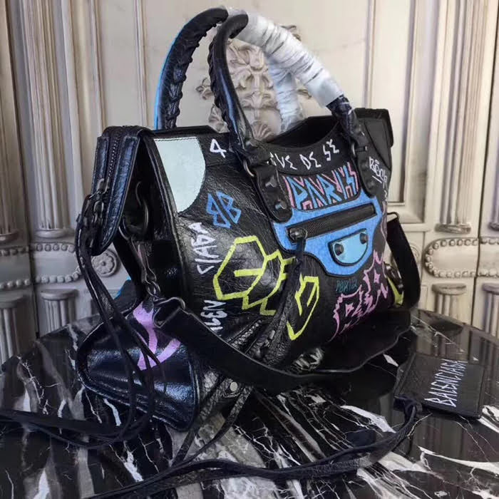 BALENCIAG巴黎世家 Graffiti Classic City38cm機車包 義大利爆裂紋羊皮 手繪彩色塗鴉 手提肩背斜挎包  BL1467